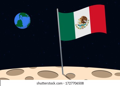 View of planet Earth from the surface of the Moon with the Mexico flag and holes on the ground