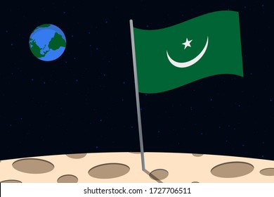 View of planet Earth from the surface of the Moon with the Mauritania flag and holes on the ground