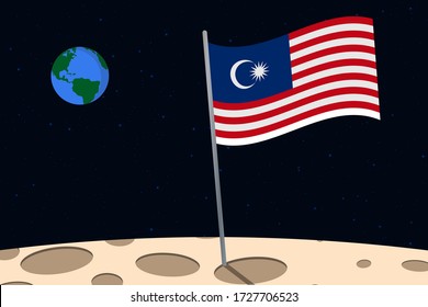 View of planet Earth from the surface of the Moon with the Malaysia flag and holes on the ground