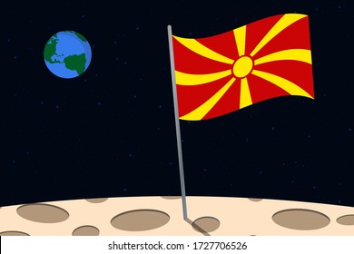 View of planet Earth from the surface of the Moon with the Macedonia flag and holes on the ground