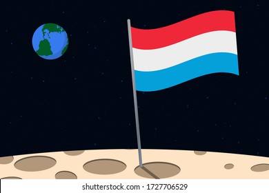 View of planet Earth from the surface of the Moon with the Luxembourg flag and holes on the ground