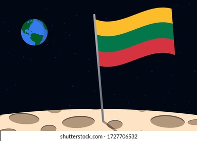 View of planet Earth from the surface of the Moon with the Lithuania flag and holes on the ground