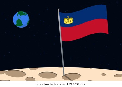 View of planet Earth from the surface of the Moon with the Liechtenstein flag and holes on the ground