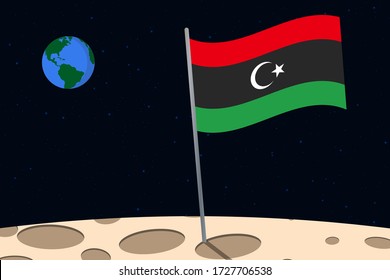 View of planet Earth from the surface of the Moon with the Libya flag and holes on the ground