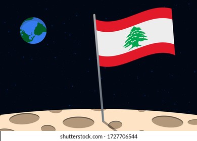 View of planet Earth from the surface of the Moon with the Lebanon flag and holes on the ground