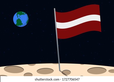 View of planet Earth from the surface of the Moon with the Latvia flag and holes on the ground