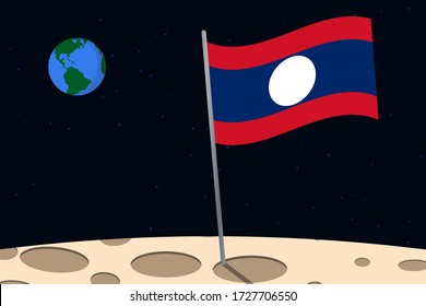 View of planet Earth from the surface of the Moon with the Laos flag and holes on the ground