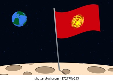 View of planet Earth from the surface of the Moon with the Kyrgyzstan flag and holes on the ground