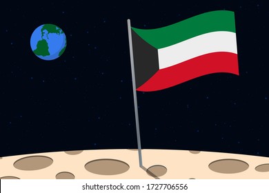 View of planet Earth from the surface of the Moon with the Kuwait flag and holes on the ground