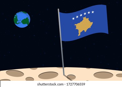 View of planet Earth from the surface of the Moon with the Kosovo flag and holes on the ground