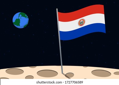 View of planet Earth from the surface of the Moon with the Paraguay flag and holes on the ground