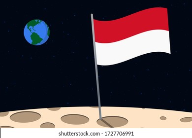 View of planet Earth from the surface of the Moon with the Indonesia flag and holes on the ground