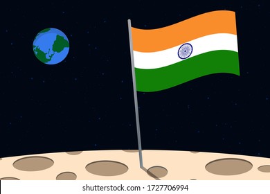 View of planet Earth from the surface of the Moon with the India flag and holes on the ground