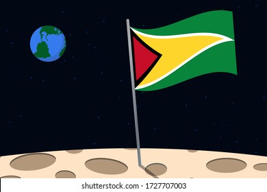 View of planet Earth from the surface of the Moon with the Guyana flag and holes on the ground