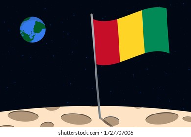 View of planet Earth from the surface of the Moon with the Guinea flag and holes on the ground