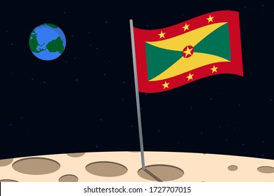 View of planet Earth from the surface of the Moon with the Grenada flag and holes on the ground