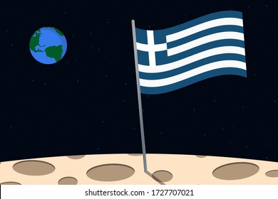 View of planet Earth from the surface of the Moon with the Greece flag and holes on the ground