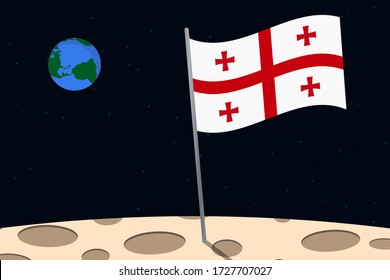 View of planet Earth from the surface of the Moon with the Georgia flag and holes on the ground