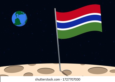 View of planet Earth from the surface of the Moon with the Gambia flag and holes on the ground