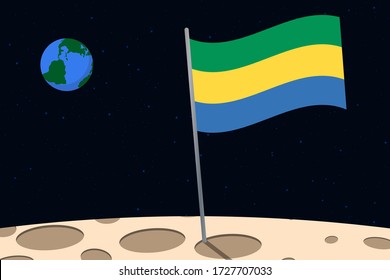 View of planet Earth from the surface of the Moon with the Gabon flag and holes on the ground