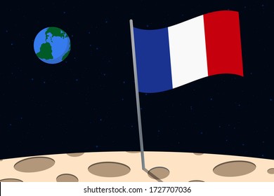 View of planet Earth from the surface of the Moon with the France flag and holes on the ground