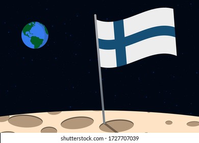 View of planet Earth from the surface of the Moon with the Finland flag and holes on the ground