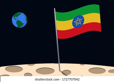 View of planet Earth from the surface of the Moon with the Ethiopia flag and holes on the ground