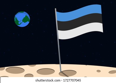 View of planet Earth from the surface of the Moon with the Estonia flag and holes on the ground