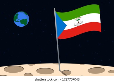 View of planet Earth from the surface of the Moon with the Equatorial Guinea flag and holes on the ground