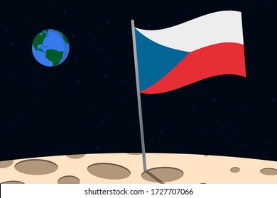 View of planet Earth from the surface of the Moon with the Czech Republic flag and holes on the ground