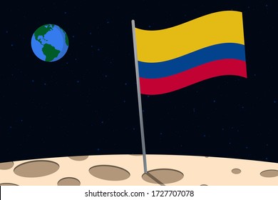 View of planet Earth from the surface of the Moon with the Colombia flag and holes on the ground