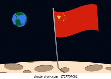 View of planet Earth from the surface of the Moon with the China flag and holes on the ground