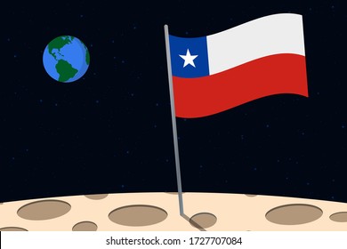 View of planet Earth from the surface of the Moon with the Chile flag and holes on the ground