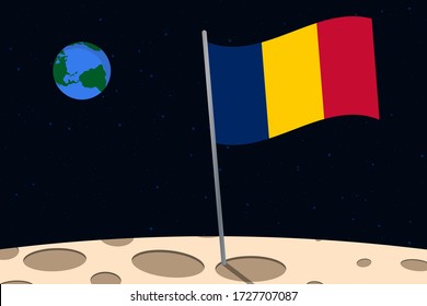 View of planet Earth from the surface of the Moon with the Chad flag and holes on the ground