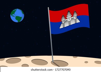 View of planet Earth from the surface of the Moon with the Cambodia flag and holes on the ground