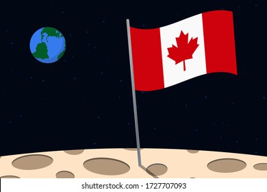 View of planet Earth from the surface of the Moon with the Canada flag and holes on the ground