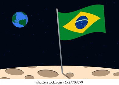 View of planet Earth from the surface of the Moon with the Brazil flag and holes on the ground