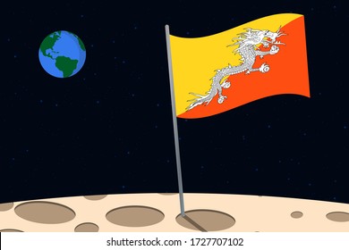 View of planet Earth from the surface of the Moon with the Bhutan flag and holes on the ground