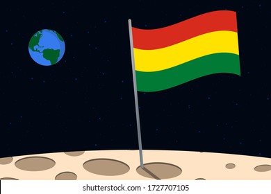 View of planet Earth from the surface of the Moon with the Bolivia flag and holes on the ground