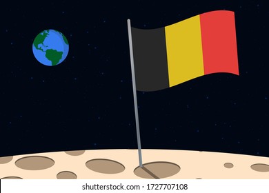 View of planet Earth from the surface of the Moon with the Belgium flag and holes on the ground