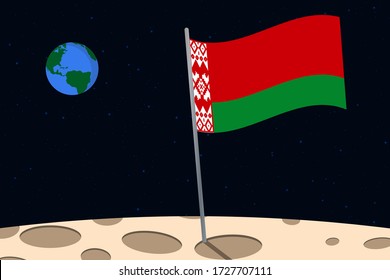 View of planet Earth from the surface of the Moon with the Belarus flag and holes on the ground