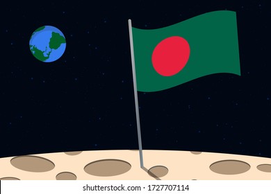 View of planet Earth from the surface of the Moon with the Bangladesh flag and holes on the ground