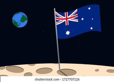 View of planet Earth from the surface of the Moon with the Australia flag and holes on the ground