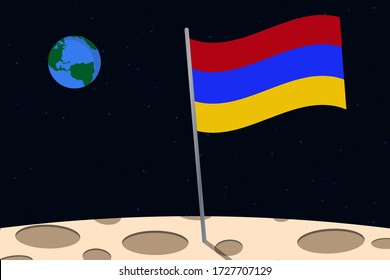 View of planet Earth from the surface of the Moon with the Armenia flag and holes on the ground