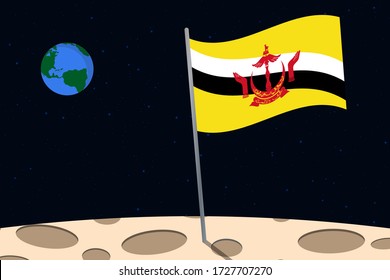 View of planet Earth from the surface of the Moon with the Brunei flag and holes on the ground