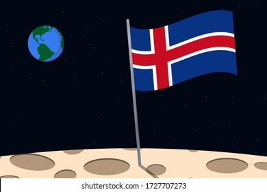 View of planet Earth from the surface of the Moon with the Iceland flag and holes on the ground