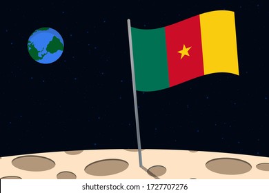 View of planet Earth from the surface of the Moon with the Cameroon flag and holes on the ground