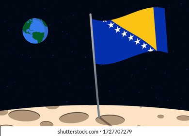 View of planet Earth from the surface of the Moon with the Bosnia and Herzegovina flag and holes on the ground