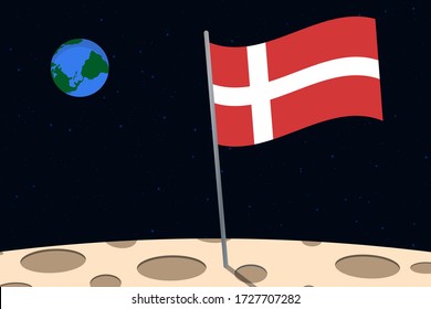 View of planet Earth from the surface of the Moon with the Denmark flag and holes on the ground