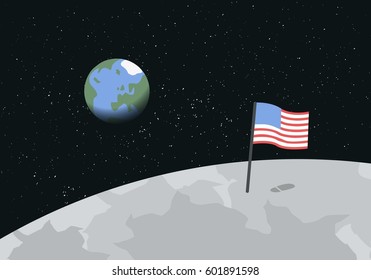 View of planet Earth from the surface of the Moon with the American flag and a footprint on the ground